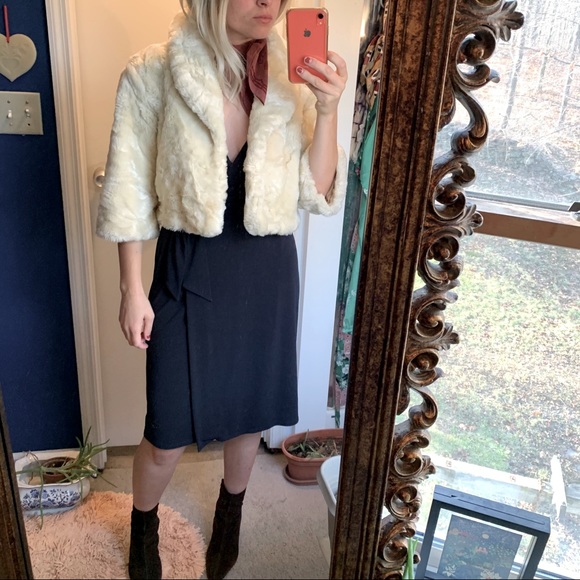 Vintage cream faux fur crop jacket shawl collar S - Picture 1 of 10